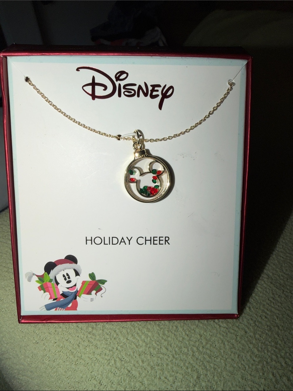 Disney Gold Holiday Mickey Pendant Necklace with Red and Green Accents - Picture 2 of 4